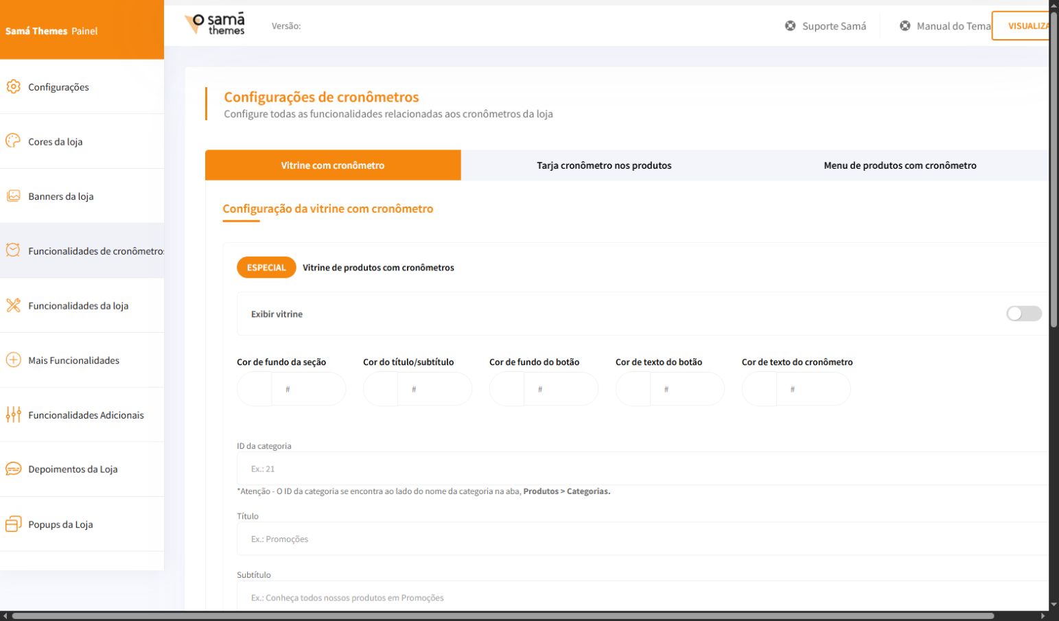 Tela de configuração de cronômetros do painel Match PRO