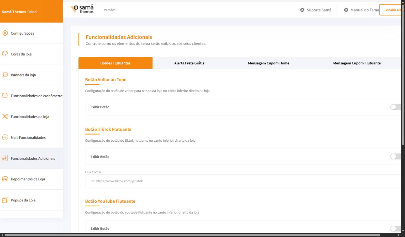 Tela Funcionalidades Adicionais do painel Match PRO