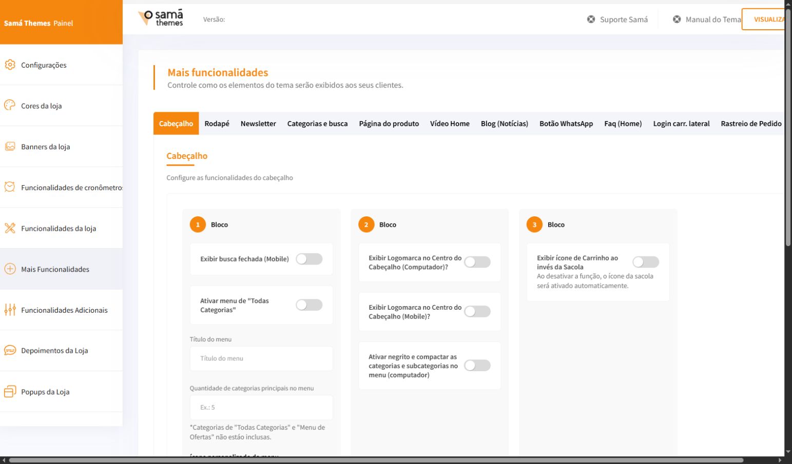 Tela Mais funcionalidades do painel Match PRO com a aba Cabeçalho