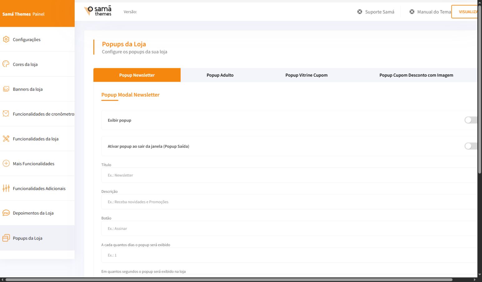 Tela Popups da Loja do painel Match PRO