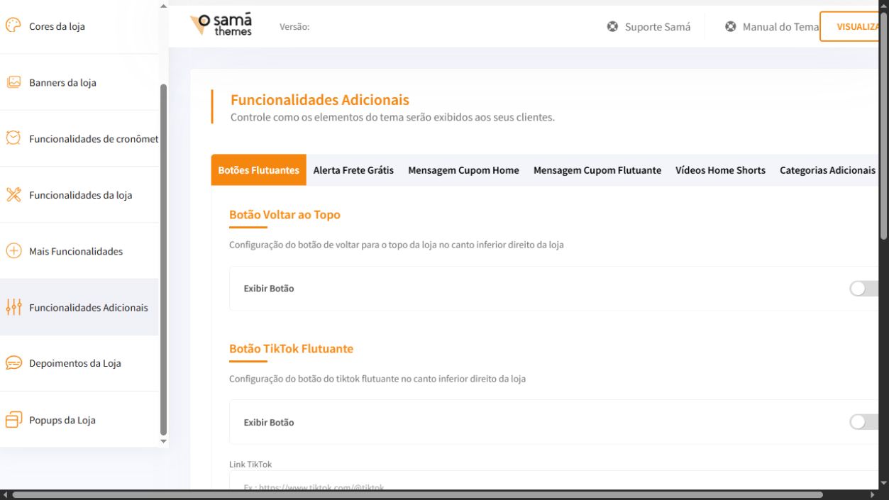 Tela Funcionalidades Adicionais do painel Match Turbo