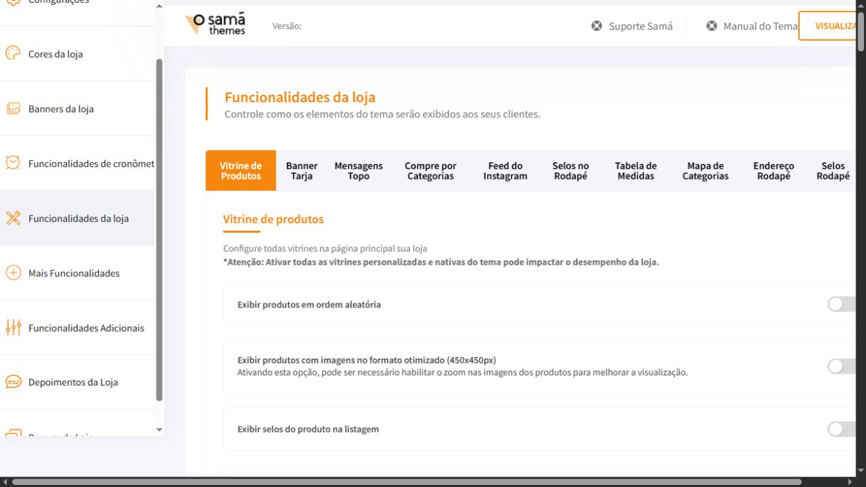 Tela Funcionalidades da loja do painel Match Turbo