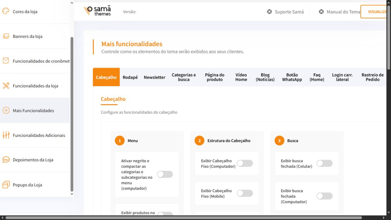 Tela Mais funcionalidades do painel Match Turbo