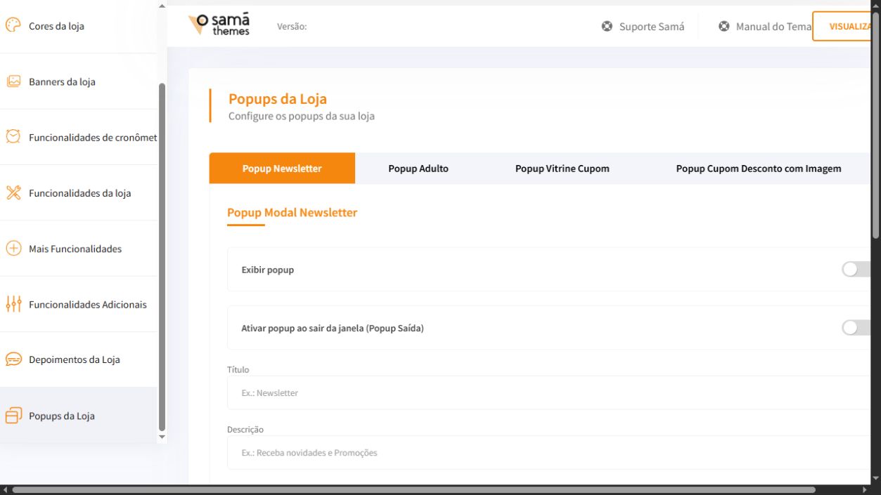 Tela Popups da Loja do painel Match Turbo