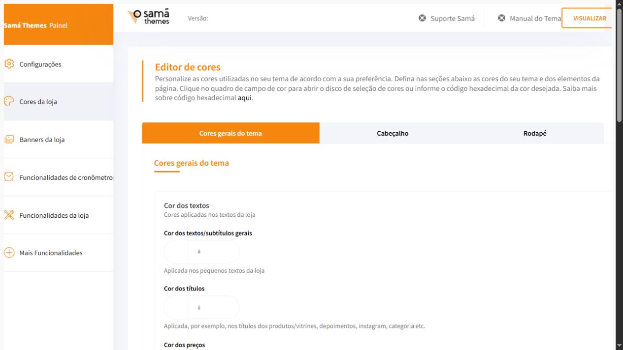 Editor de cores do painel Match com a aba Cores gerais do tema
