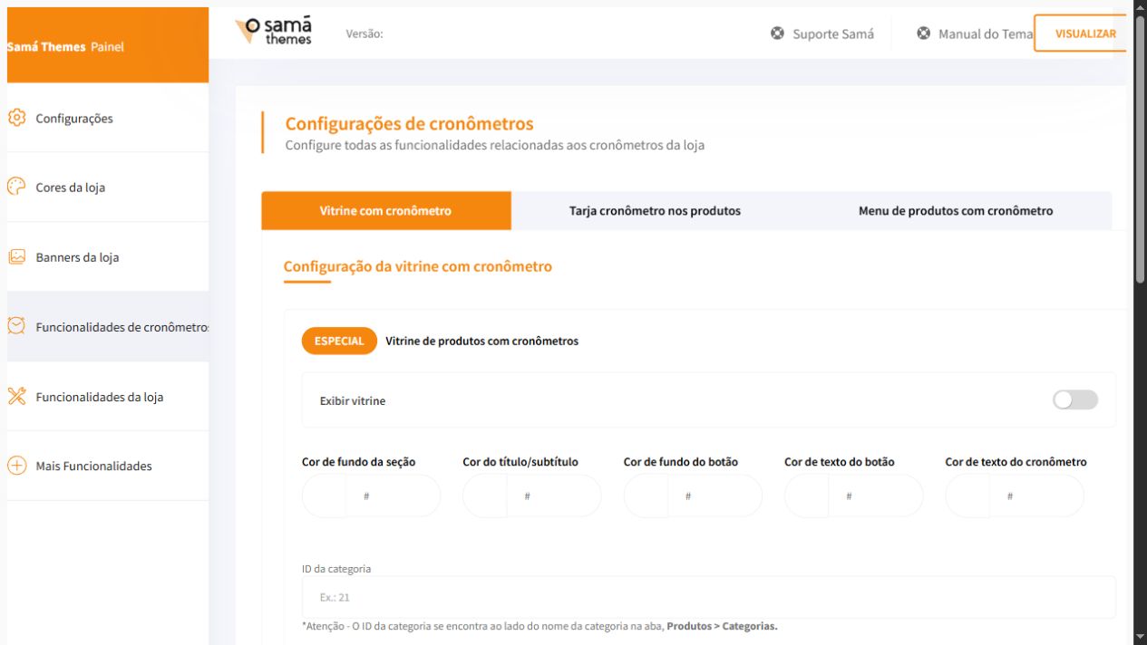 Tela de configuração de cronômetros do painel Match