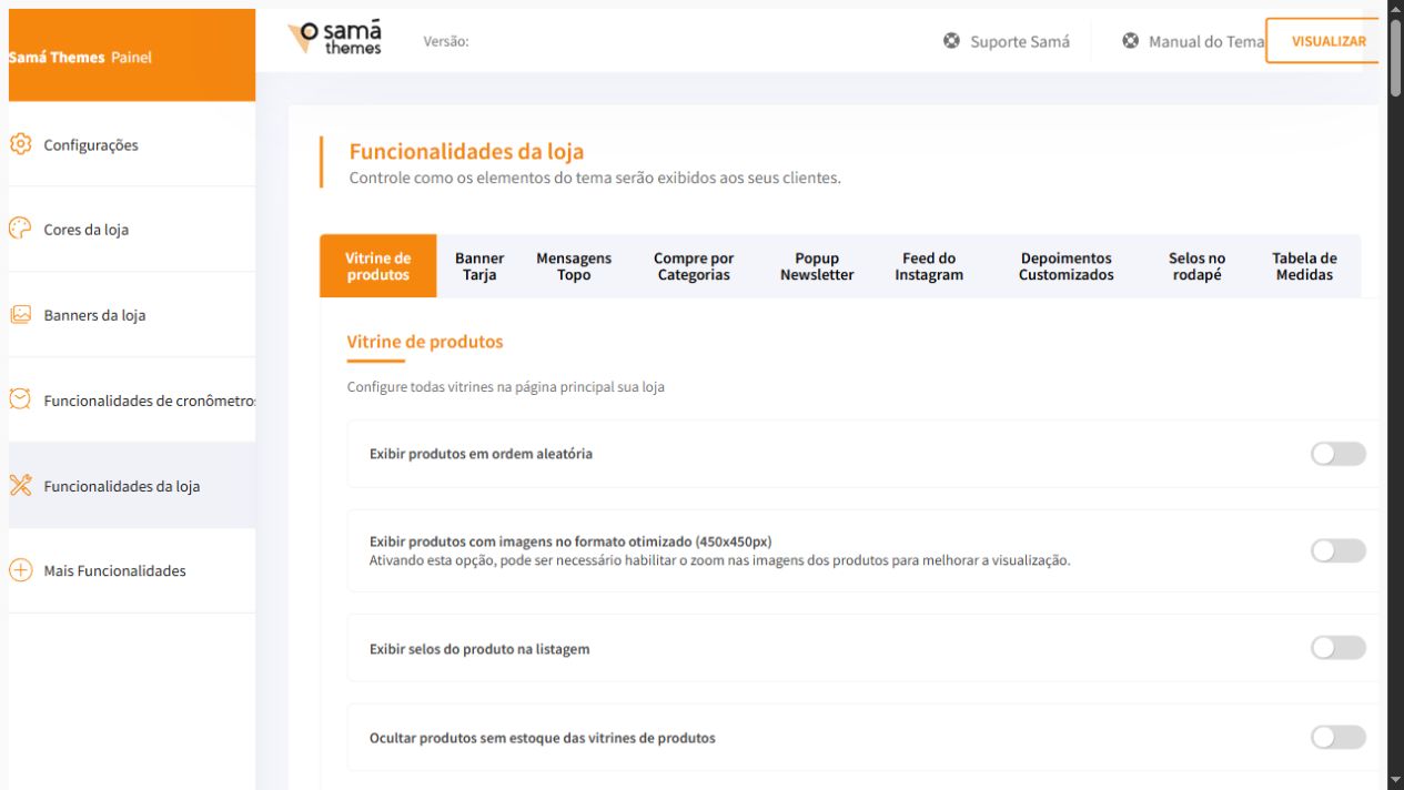 Tela Funcionalidades da loja com a aba Vitrine de produtos