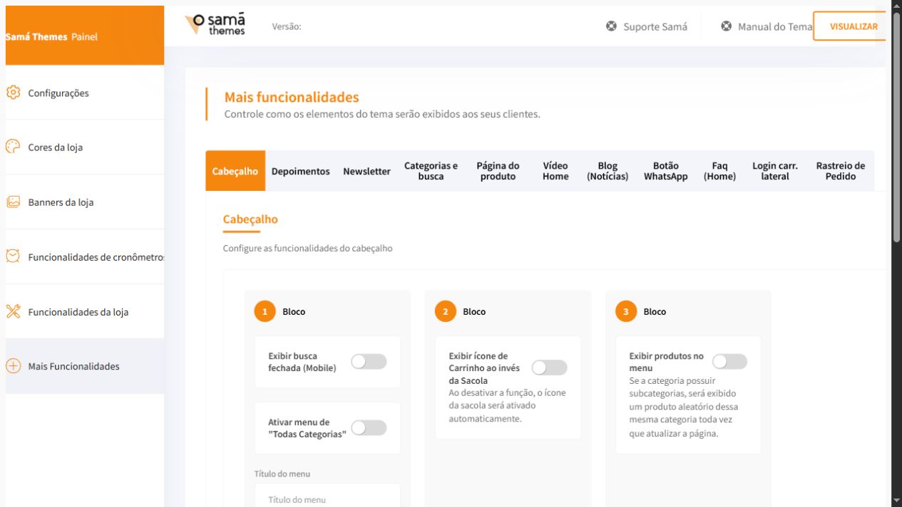 Tela Mais funcionalidades do painel Match com a aba Cabeçalho